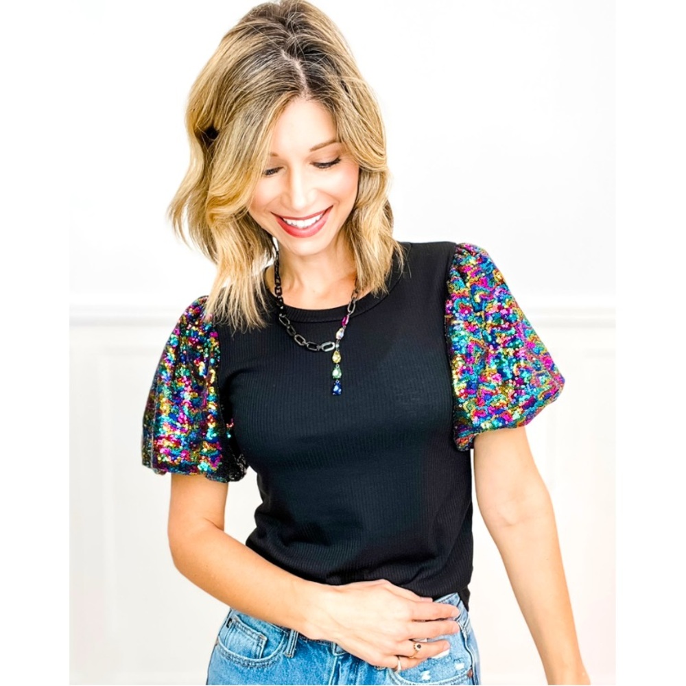 BOUTIQUE Elliana Black Multi Color Rainbow Sequin Puff Sleeve Fitted Top XL - Picture 2 of 12